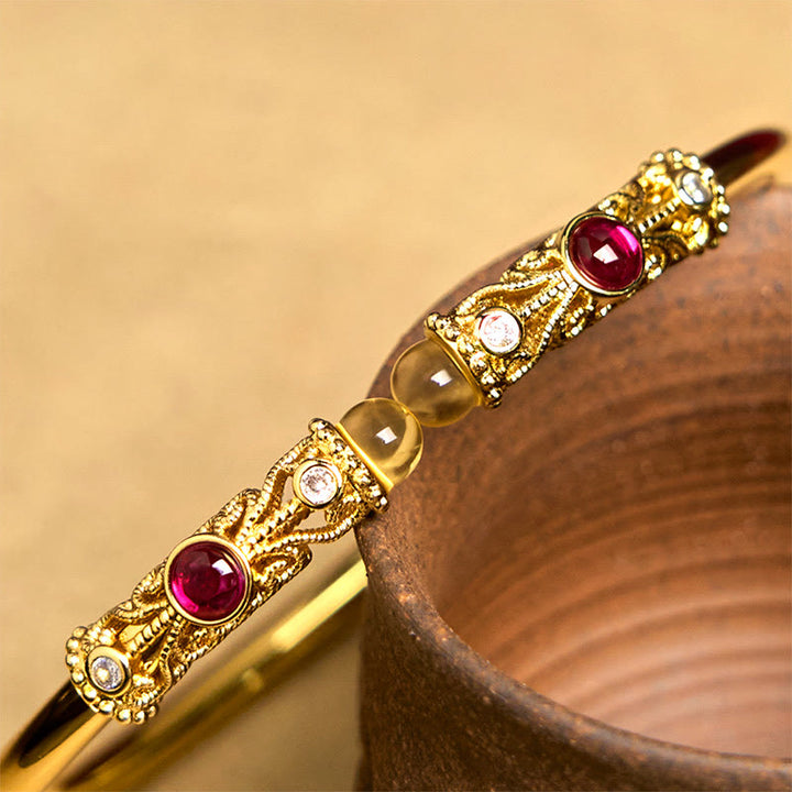 Bracelet manchette porte-bonheur en cuivre et ambre Buddha Stones et motif de fleurs dorées, zircon rouge - image 5
