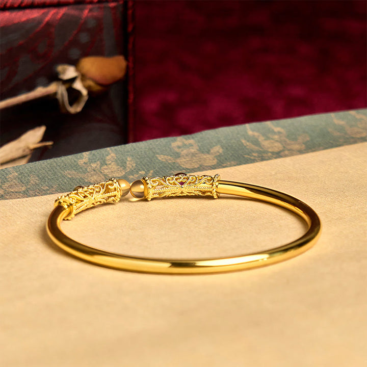 Bracelet manchette porte-bonheur en cuivre et ambre Buddha Stones et motif de fleurs dorées, zircon rouge - image 4