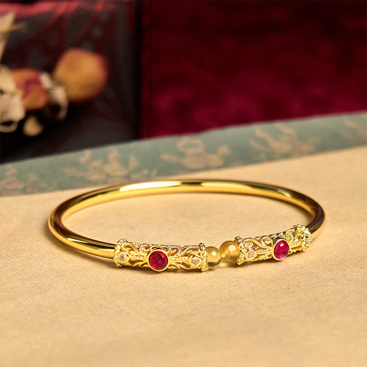 Bracelet manchette porte-bonheur en cuivre et ambre Buddha Stones et motif de fleurs dorées, zircon rouge - image 3