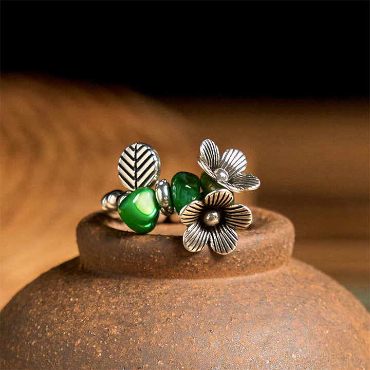 Bague porte-bonheur en alliage de cuivre avec motif de fleurs et Buddha Stones - image 4