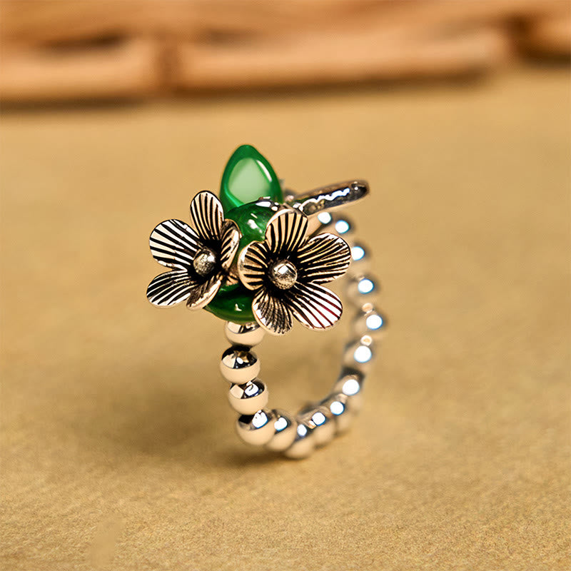 Bague porte-bonheur en alliage de cuivre avec motif de fleurs et Buddha Stones - 14-20 mm (corde élastique) - image 1