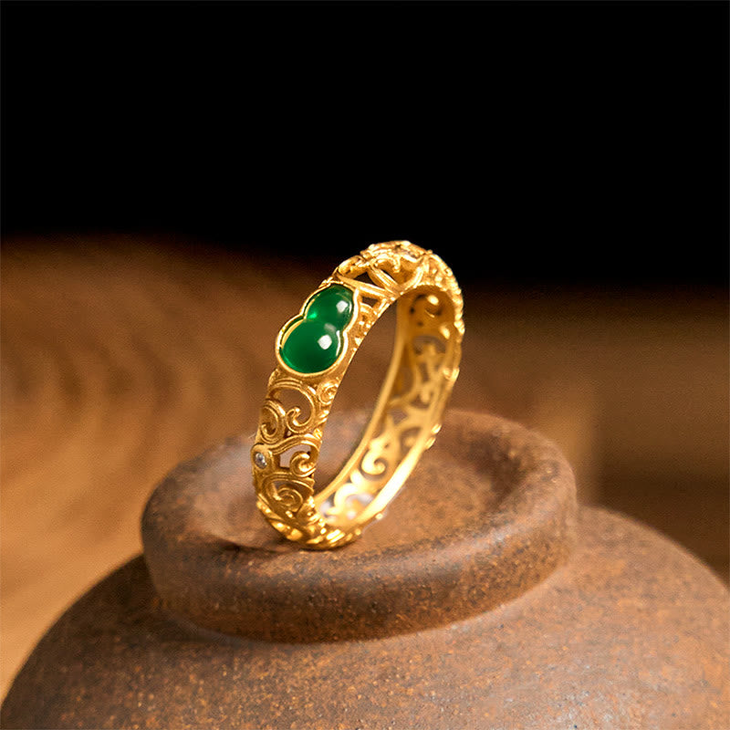 Bague de richesse en alliage de cuivre et calcédoine verte avec Buddha Stones vintage - US8 - image 1