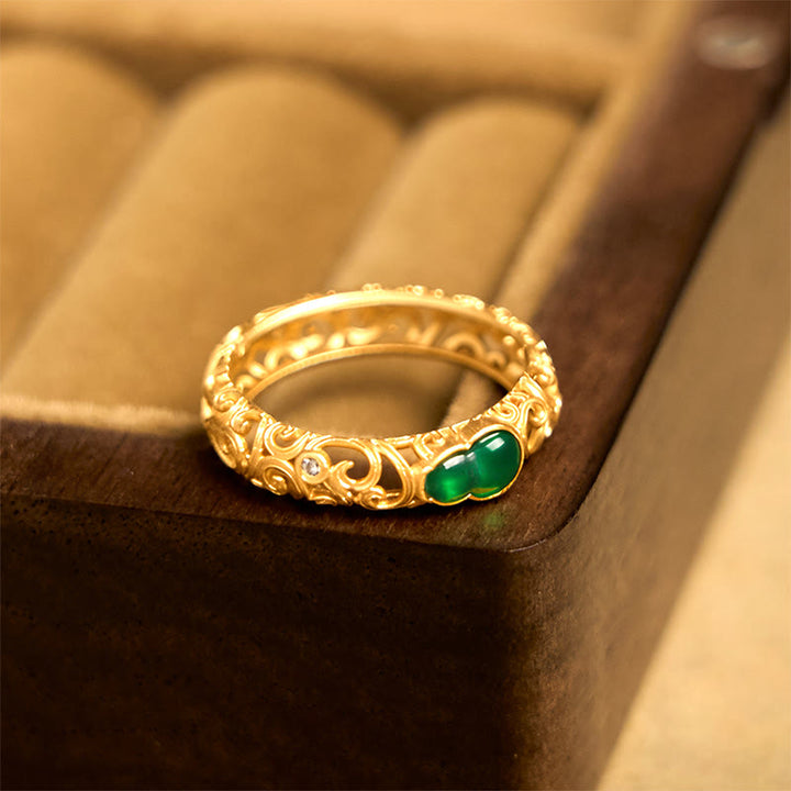 Bague de richesse en alliage de cuivre et calcédoine verte avec Buddha Stones vintage - image 3