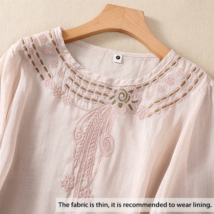 Chemise en coton et lin à manches courtes et col ras du cou pour femme Buddha Stones