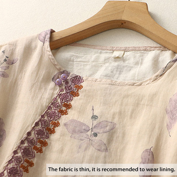 Chemise femme en coton et lin à manches trois-quarts avec broderie de Buddha Stones - image 1