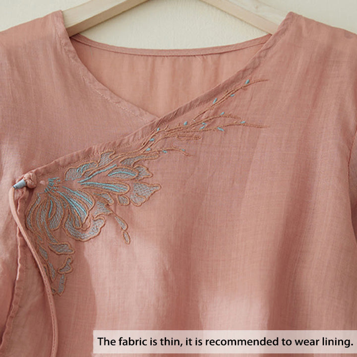 Chemise décontractée en coton et lin à manches trois-quarts pour femme avec broderies de plantes et Buddha Stones - image 3