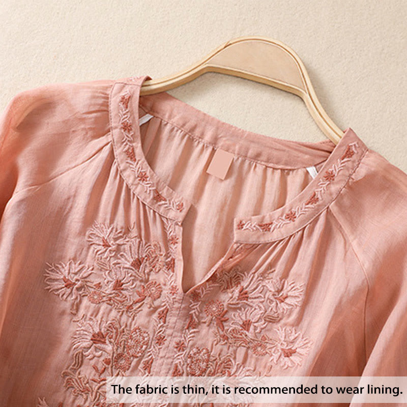 Chemise femme en coton et lin à manches trois-quarts et motif brodé de Buddha Stones