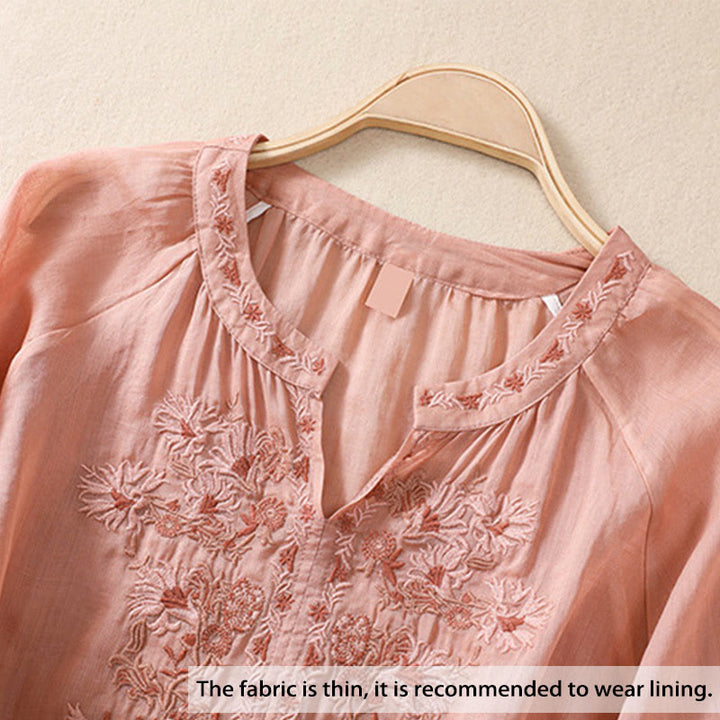 Chemise femme en coton et lin à manches trois-quarts et motif brodé de Buddha Stones