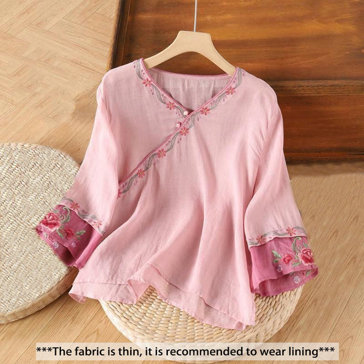 Chemise en coton à manches trois-quarts pour femme, motif Buddha Stones, style rétro, broderie, boutons, printemps - image 2
