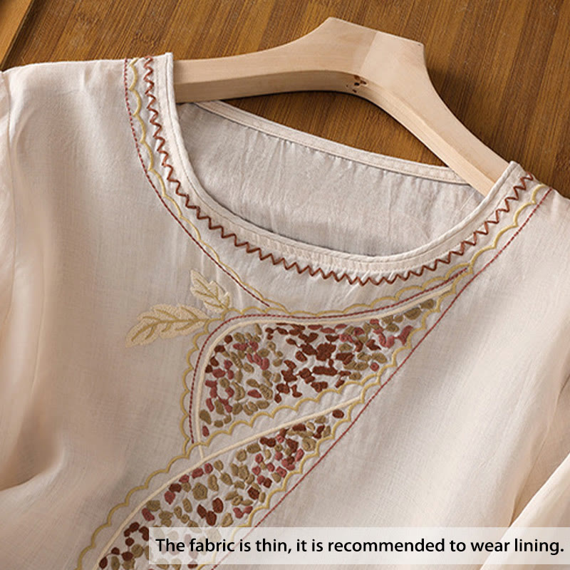 Pull ras du cou en coton et lin avec broderie ethnique Buddha Stones - image 2