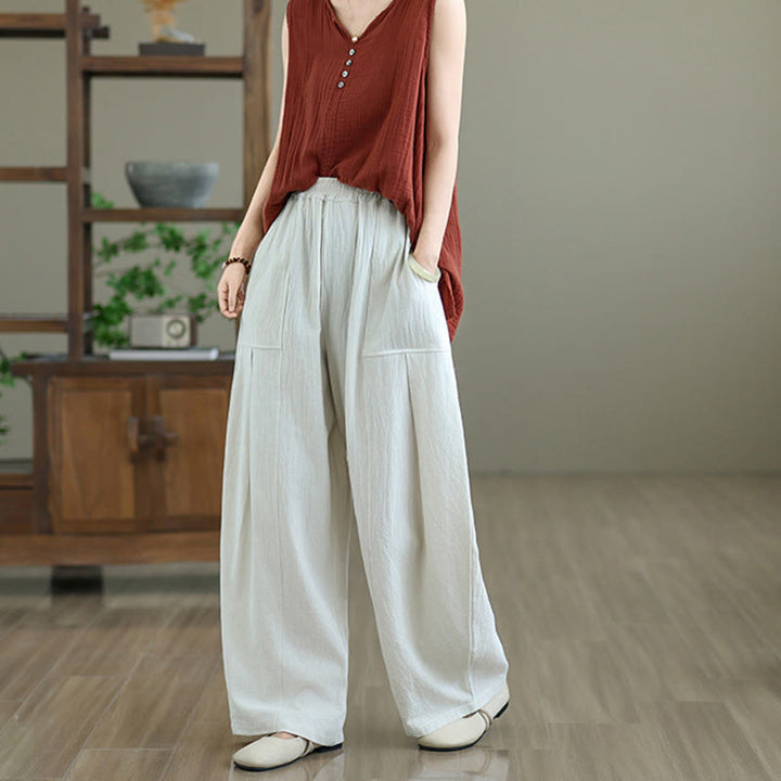Pantalon en coton et lin à plis unis avec poches pour femme, longueur cheville, motif Buddha Stones - image 13