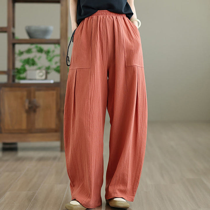 Pantalon en coton et lin à plis unis avec poches pour femme, longueur cheville, motif Buddha Stones - image 4