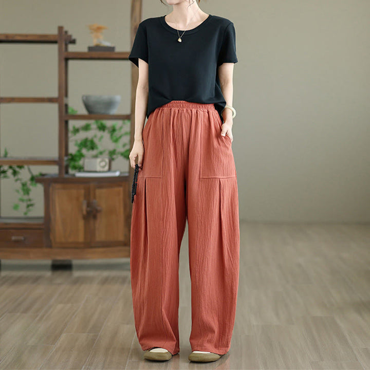 Pantalon en coton et lin à plis unis avec poches pour femme, longueur cheville, motif Buddha Stones - image 5