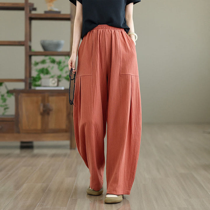 Pantalon en coton et lin à plis unis avec poches pour femme, longueur cheville, motif Buddha Stones - OrangeRouge - US12，UK/AU16，EU44 (2XL) - image 1