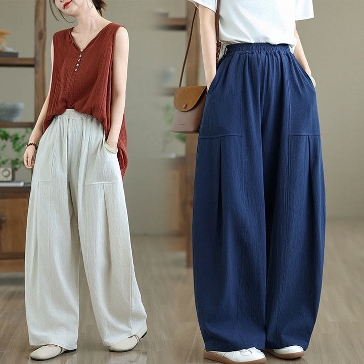 Pantalon en coton et lin à plis unis avec poches pour femme, longueur cheville, motif Buddha Stones - image 20