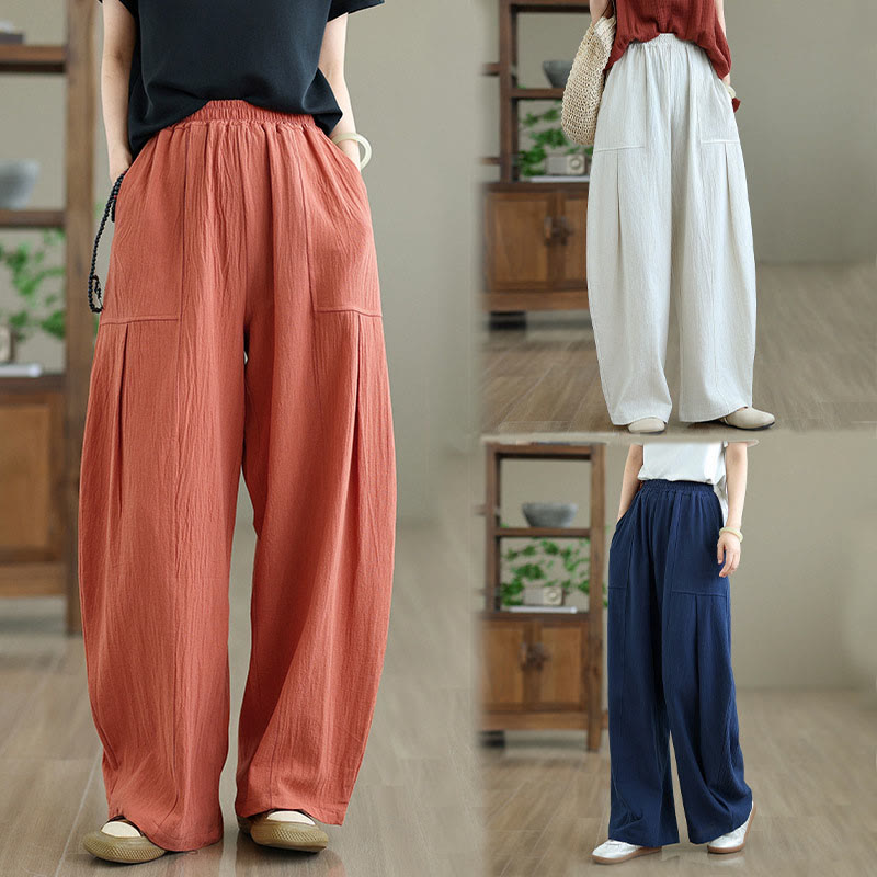Pantalon en coton et lin à plis unis avec poches pour femme, longueur cheville, motif Buddha Stones - image 19