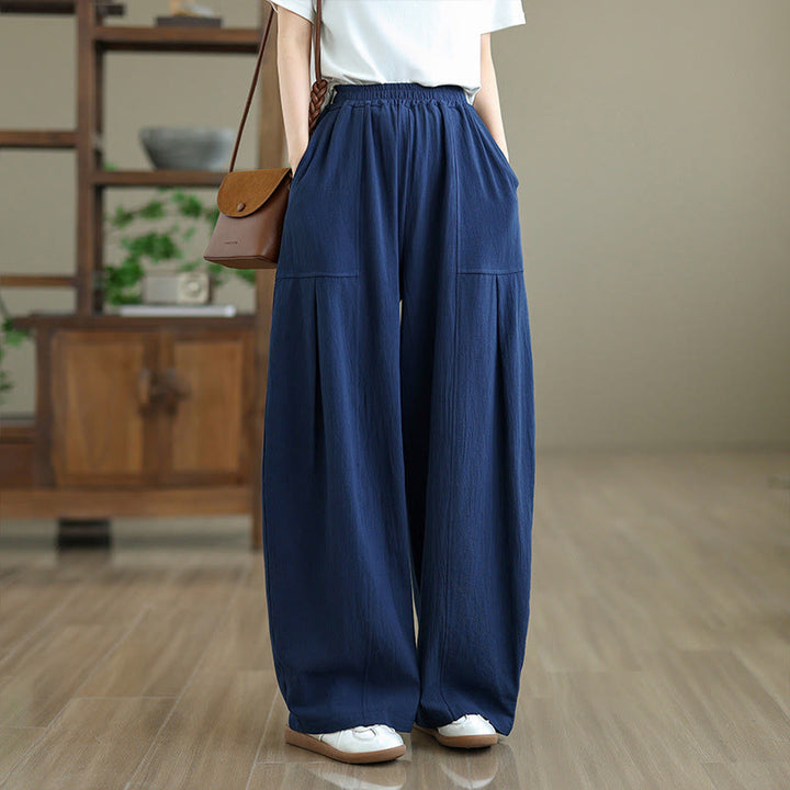 Pantalon en coton et lin à plis unis avec poches pour femme, longueur cheville, motif Buddha Stones - Bleu nuit - US12，UK/AU16，EU44 (2XL) - image 14