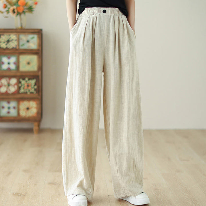 Pantalon en coton et lin pour femme, avec taille élastique et poches, motif Buddha Stones Commute Button Design - Beige - US12，UK/AU16，EU44 (3XL) - image 12