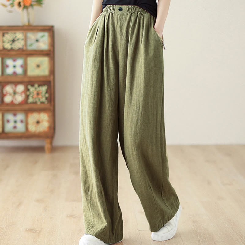 Pantalon en coton et lin pour femme, avec taille élastique et poches, motif Buddha Stones Commute Button Design - Vert olive - US12，UK/AU16，EU44 (3XL) - image 2