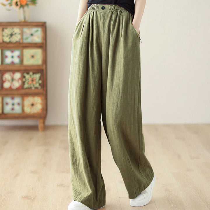 Pantalon en coton et lin pour femme, avec taille élastique et poches, motif Buddha Stones Commute Button Design - Vert olive - US12，UK/AU16，EU44 (3XL) - image 2