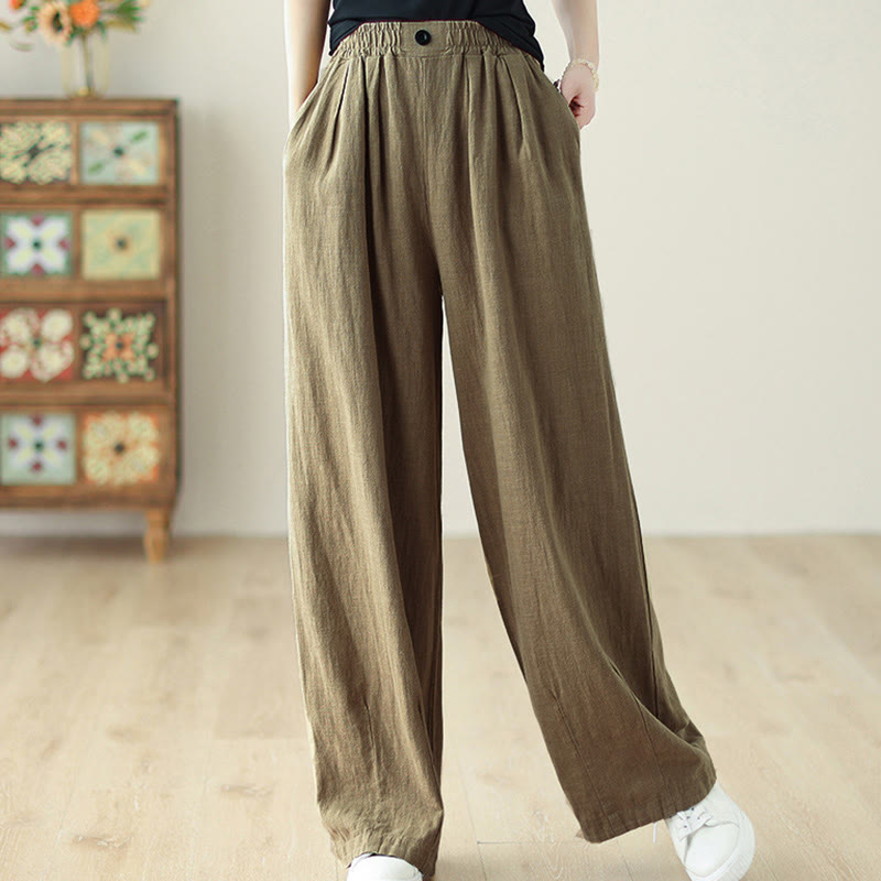 Pantalon en coton et lin pour femme, avec taille élastique et poches, motif Buddha Stones Commute Button Design - image 1