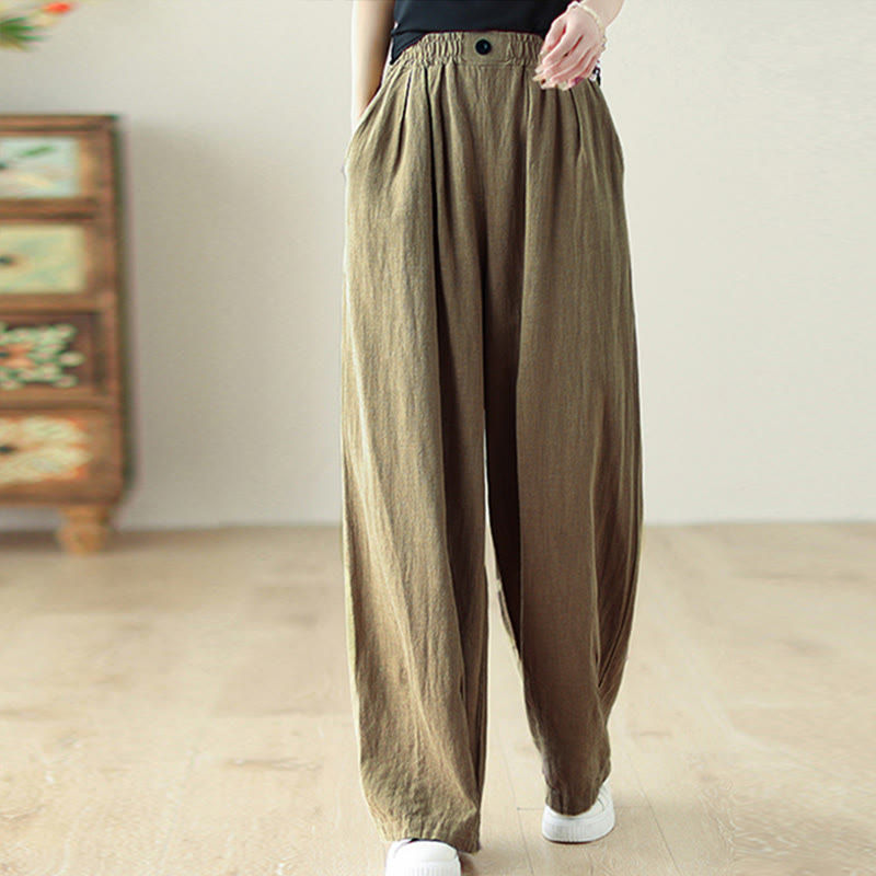 Pantalon en coton et lin pour femme, avec taille élastique et poches, motif Buddha Stones Commute Button Design - Kaki foncé - US12，UK/AU16，EU44 (3XL) - image 1