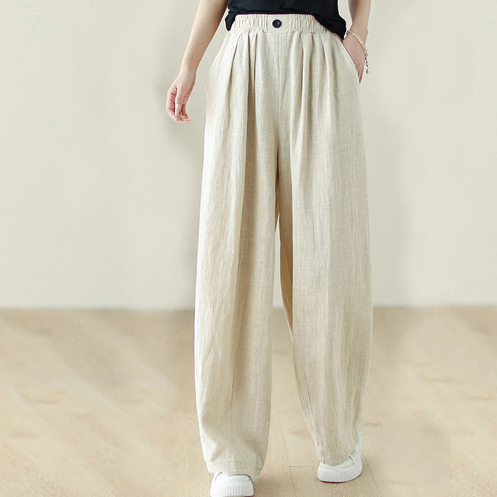 Pantalon en coton et lin pour femme, avec taille élastique et poches, motif Buddha Stones Commute Button Design - image 16