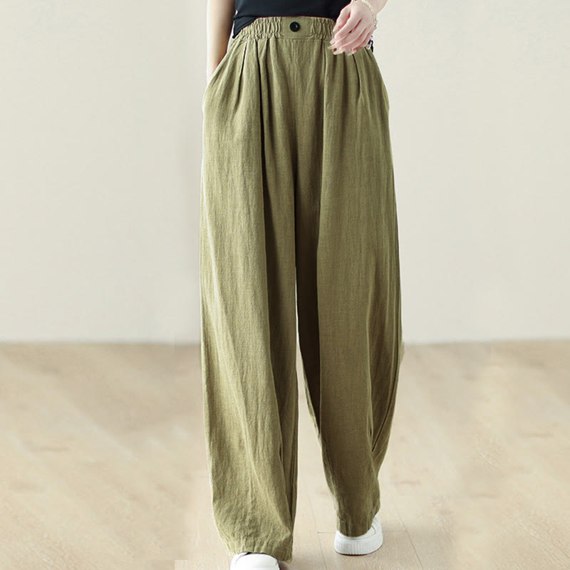 Pantalon en coton et lin pour femme, avec taille élastique et poches, motif Buddha Stones Commute Button Design - image 5