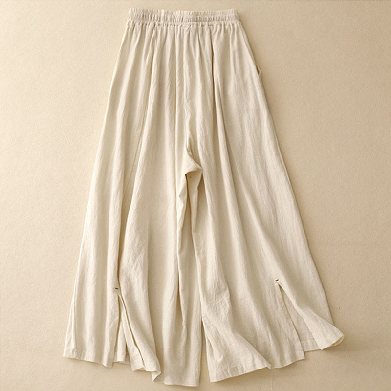 Pantalon large pour femme en coton et lin, longueur 7-8, avec poches, orné de fentes latérales décontractées et de Buddha Stones. - image 4
