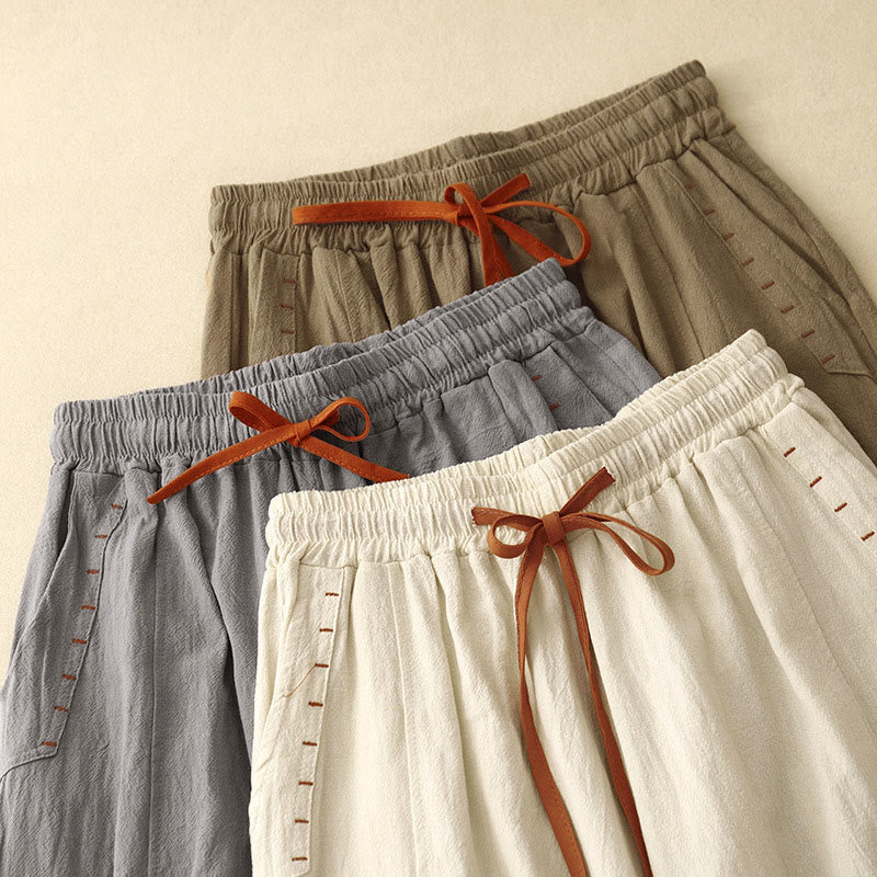 Pantalon large pour femme en coton et lin, longueur 7-8, avec poches, orné de fentes latérales décontractées et de Buddha Stones. - image 15