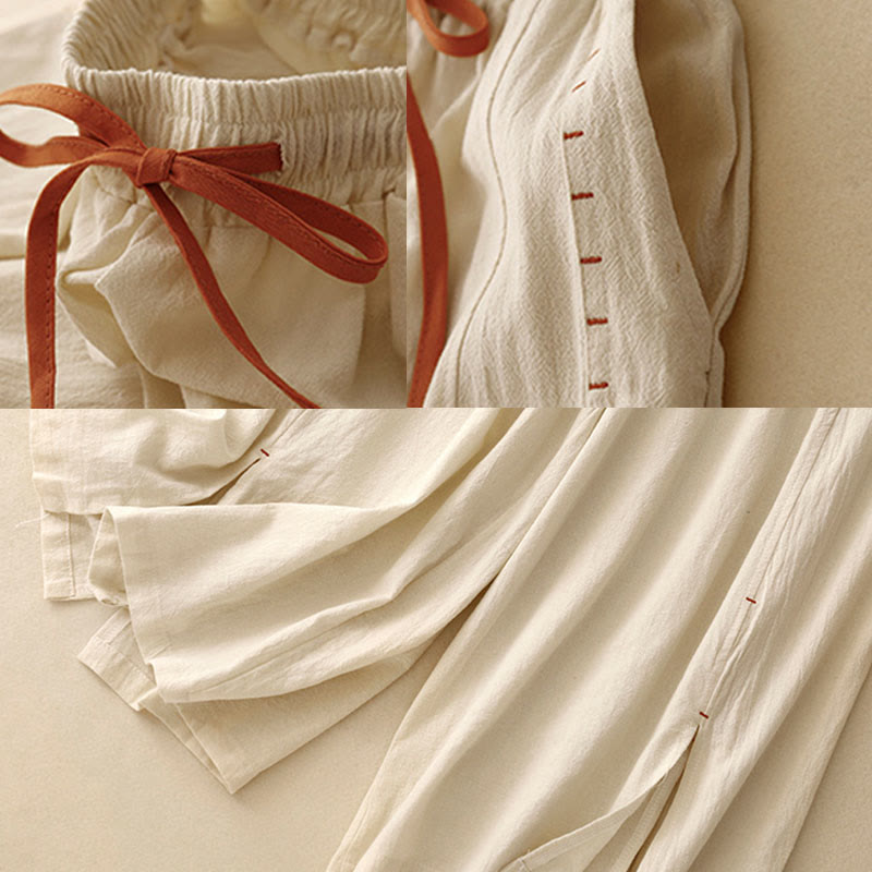 Pantalon large pour femme en coton et lin, longueur 7-8, avec poches, orné de fentes latérales décontractées et de Buddha Stones. - image 9