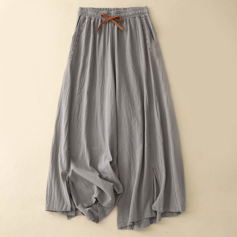 Pantalon large pour femme en coton et lin, longueur 7-8, avec poches, orné de fentes latérales décontractées et de Buddha Stones. - Gris foncé - US8-10，UK/AU12-14，EU40-42 (2XL) - image 10