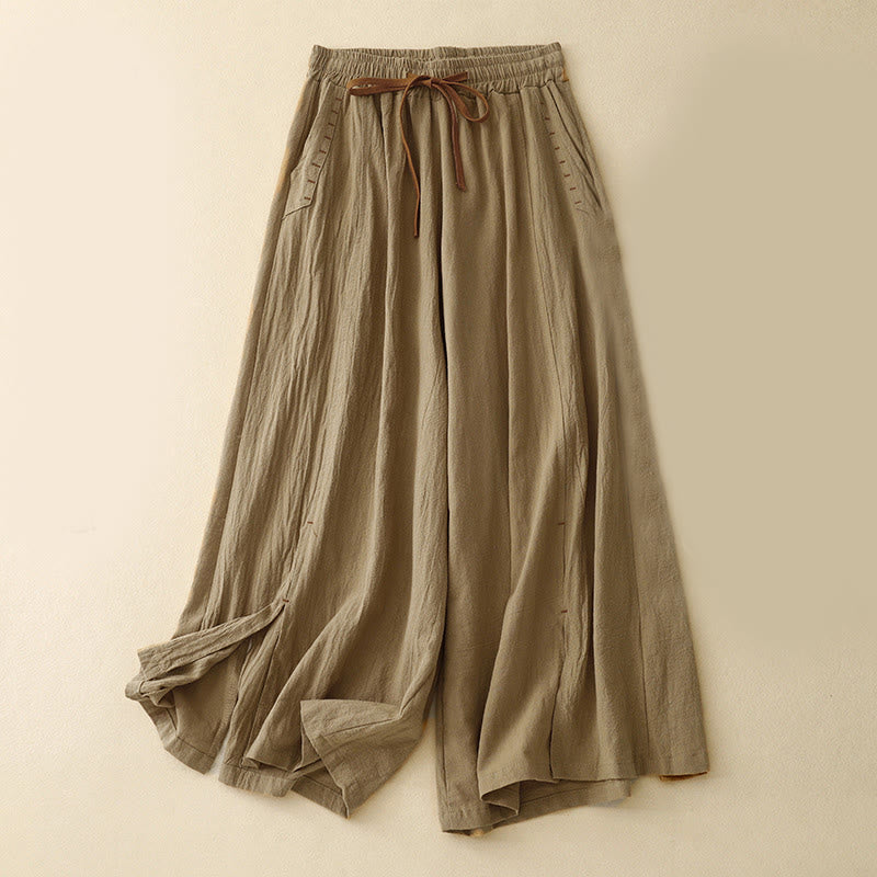 Pantalon large pour femme en coton et lin, longueur 7-8, avec poches, orné de fentes latérales décontractées et de Buddha Stones. - DarkGoldenrod - US8-10，UK/AU12-14，EU40-42 (2XL) - image 0