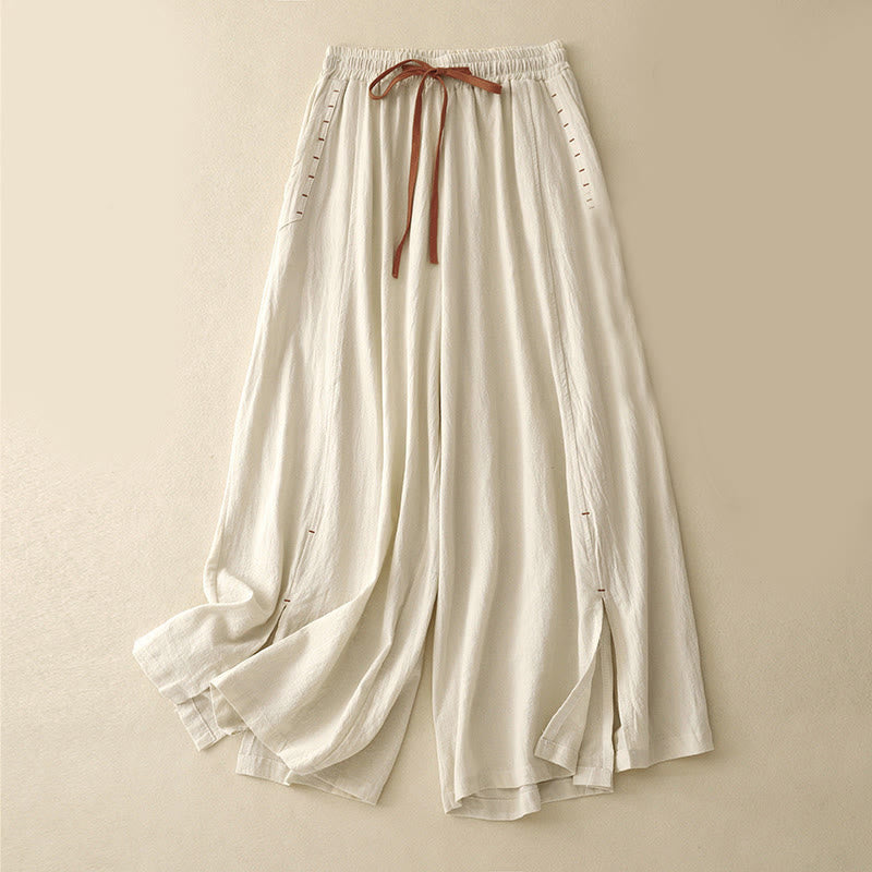 Pantalon large pour femme en coton et lin, longueur 7-8, avec poches, orné de fentes latérales décontractées et de Buddha Stones. - soie de maïs - US8-10，UK/AU12-14，EU40-42 (2XL) - image 3