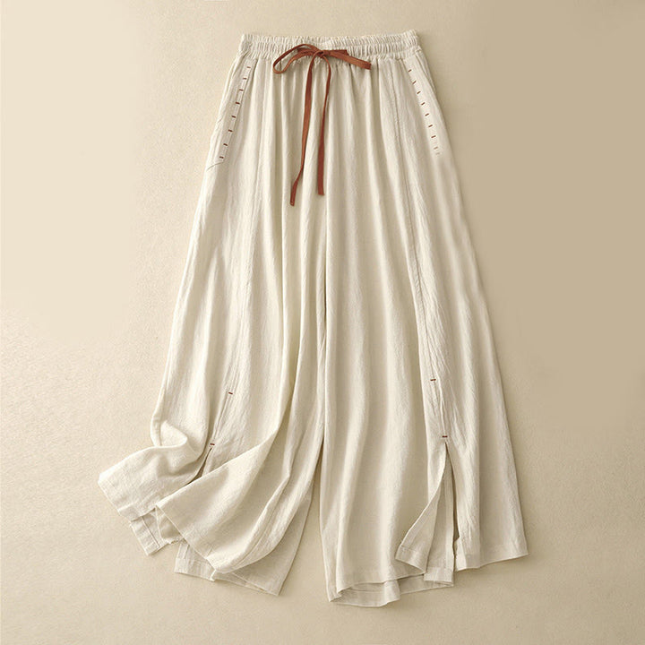 Pantalon large pour femme en coton et lin, longueur 7-8, avec poches, orné de fentes latérales décontractées et de Buddha Stones. - soie de maïs - US8-10，UK/AU12-14，EU40-42 (2XL) - image 3