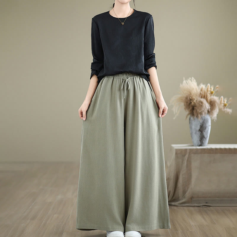 Pantalon large en coton et lin avec poches pour femme, uni, simple, à lacets, motif Buddha Stones Commute - image 5