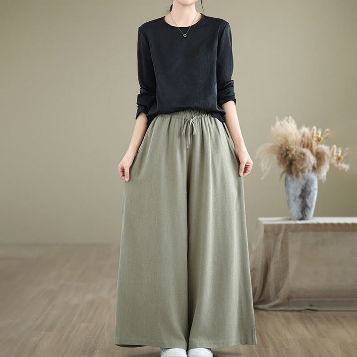 Pantalon large en coton et lin avec poches pour femme, uni, simple, à lacets, motif Buddha Stones Commute - image 5