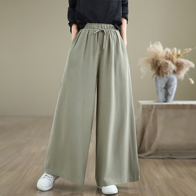 Pantalon large en coton et lin avec poches pour femme, uni, simple, à lacets, motif Buddha Stones Commute - Vert foncé - US6，UK/AU10，EU38 (XL) - image 1