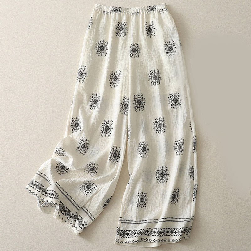 Pantalon large en coton avec poches pour femme, imprimé bohème, motif céleste, Buddha Stones - Blanc - US8-10，UK/AU12-14，EU40-42 (2XL) - image 4