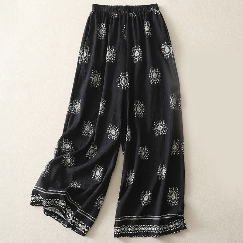 Pantalon large en coton avec poches pour femme, imprimé bohème, motif céleste, Buddha Stones - Noir - US8-10，UK/AU12-14，EU40-42 (2XL) - image 1