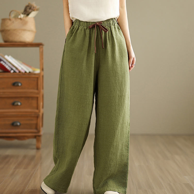 Pantalon sarouel rétro uni en coton avec cordon de serrage et poches pour femme Motif Buddha Stones - JauneVert - US8-10，UK/AU12-14，EU40-42 (2XL) - image 0