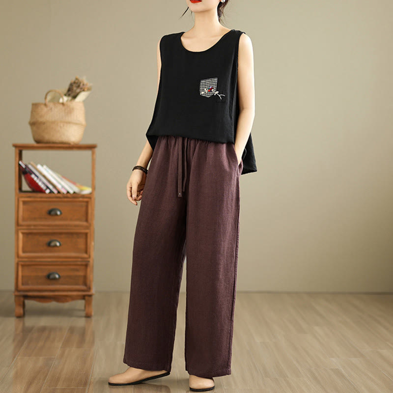 Pantalon sarouel rétro uni en coton avec cordon de serrage et poches pour femme Motif Buddha Stones - image 11