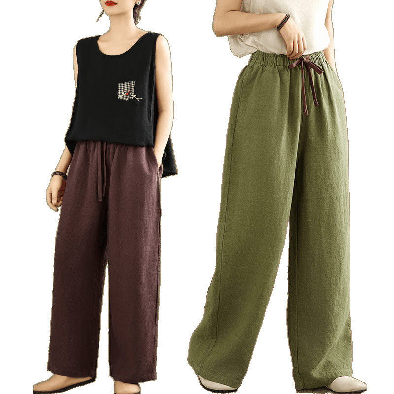 Pantalon sarouel rétro uni en coton avec cordon de serrage et poches pour femme Motif Buddha Stones - image 26