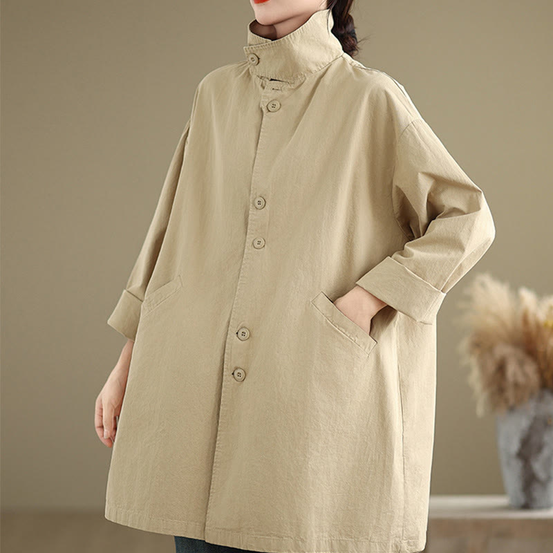 Veste en coton et lin à manches longues pour femme avec poches et boutons unis Motif Buddha Stones - image 4