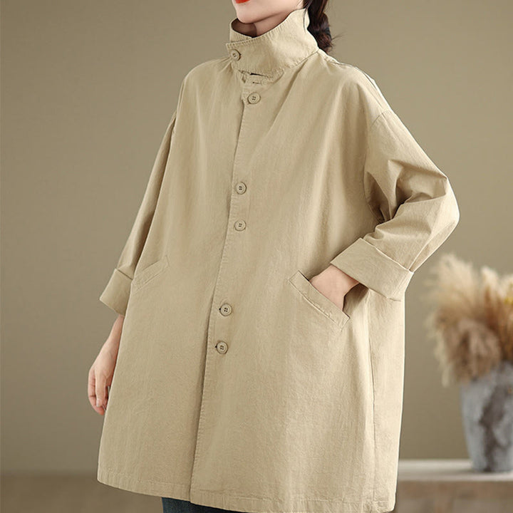 Veste en coton et lin à manches longues pour femme avec poches et boutons unis Motif Buddha Stones - image 4