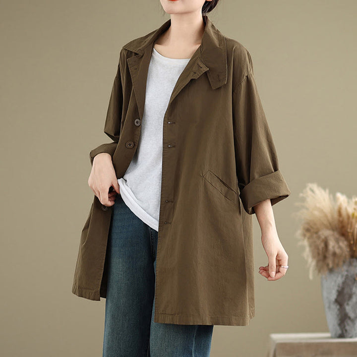 Veste en coton et lin à manches longues pour femme avec poches et boutons unis Motif Buddha Stones - SaddleBrown - US12，UK/AU16，EU44 (XL) - image 17
