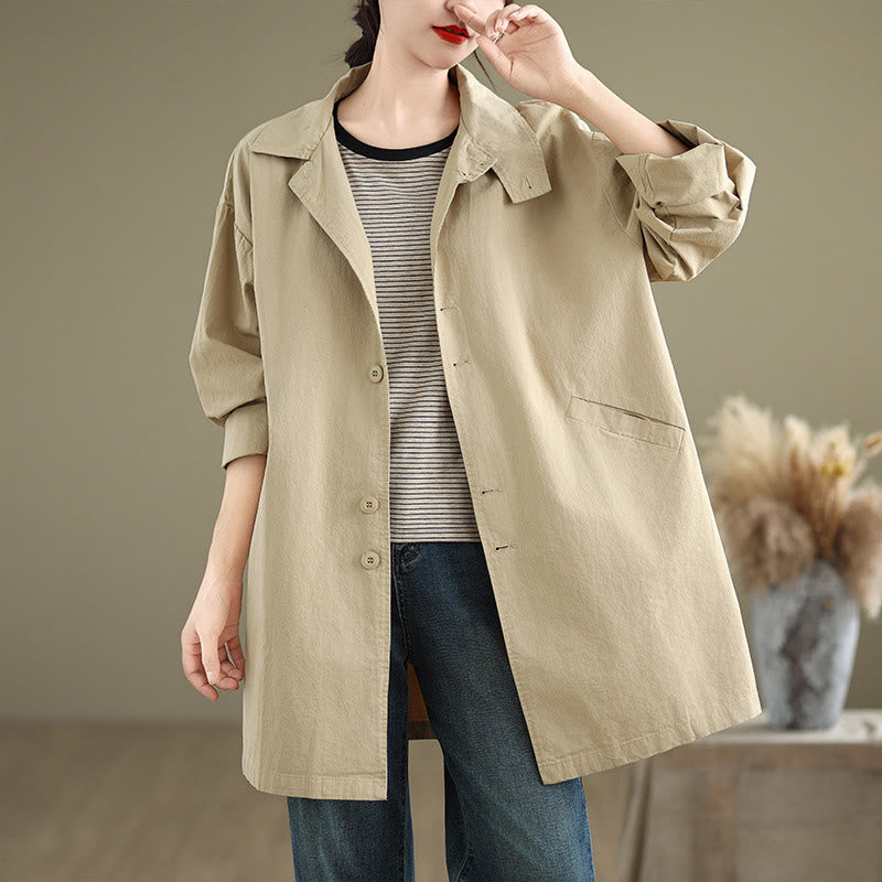 Veste en coton et lin à manches longues pour femme avec poches et boutons unis Motif Buddha Stones - Beige - US12，UK/AU16，EU44 (XL) - image 1