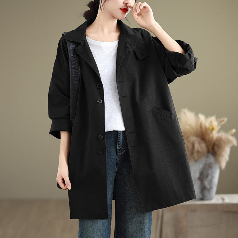 Veste en coton et lin à manches longues pour femme avec poches et boutons unis Motif Buddha Stones - Noir - US12，UK/AU16，EU44 (XL) - image 13