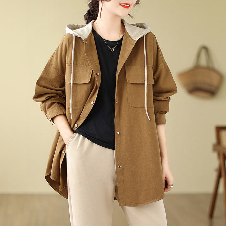 Veste à capuche décontractée en coton et lin avec cordon de serrage et poches Buddha Stones pour femme - image 8