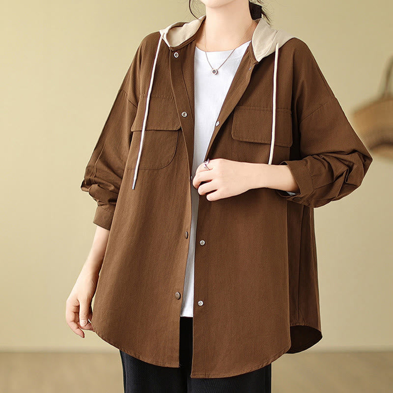 Veste à capuche décontractée en coton et lin avec cordon de serrage et poches Buddha Stones pour femme - image 3